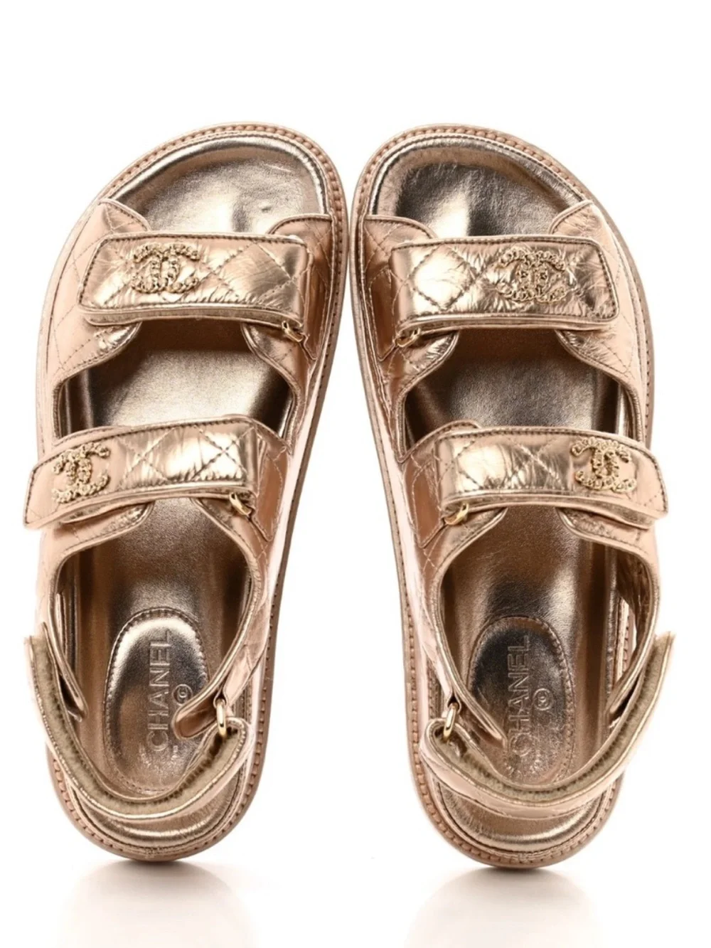 Chanel Iridescent Lambskin Quilted Velcro Dad Sandals in Light Bronze Size 40